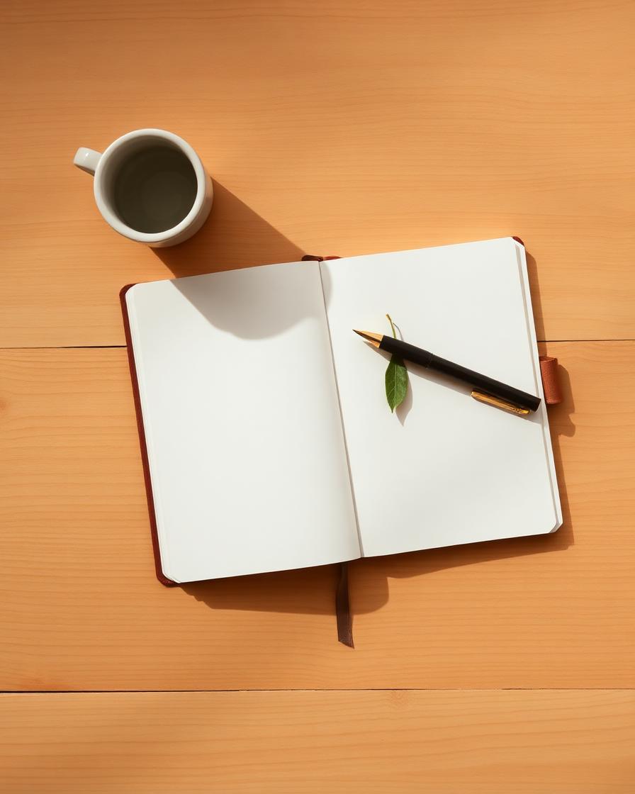 An open notebook and ceramic cup on a sunlit wooden desk