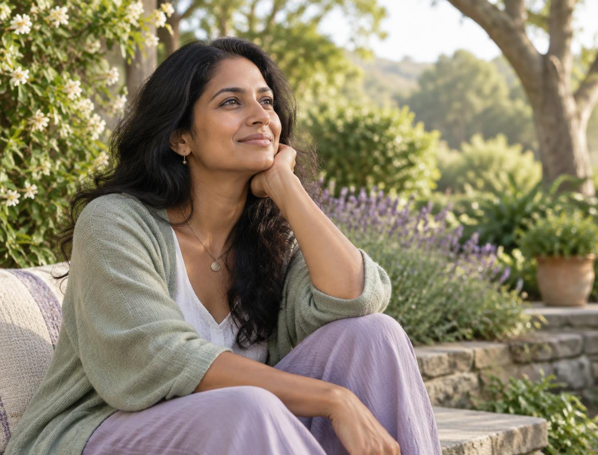 A South Asian woman resting peacefully in a garden