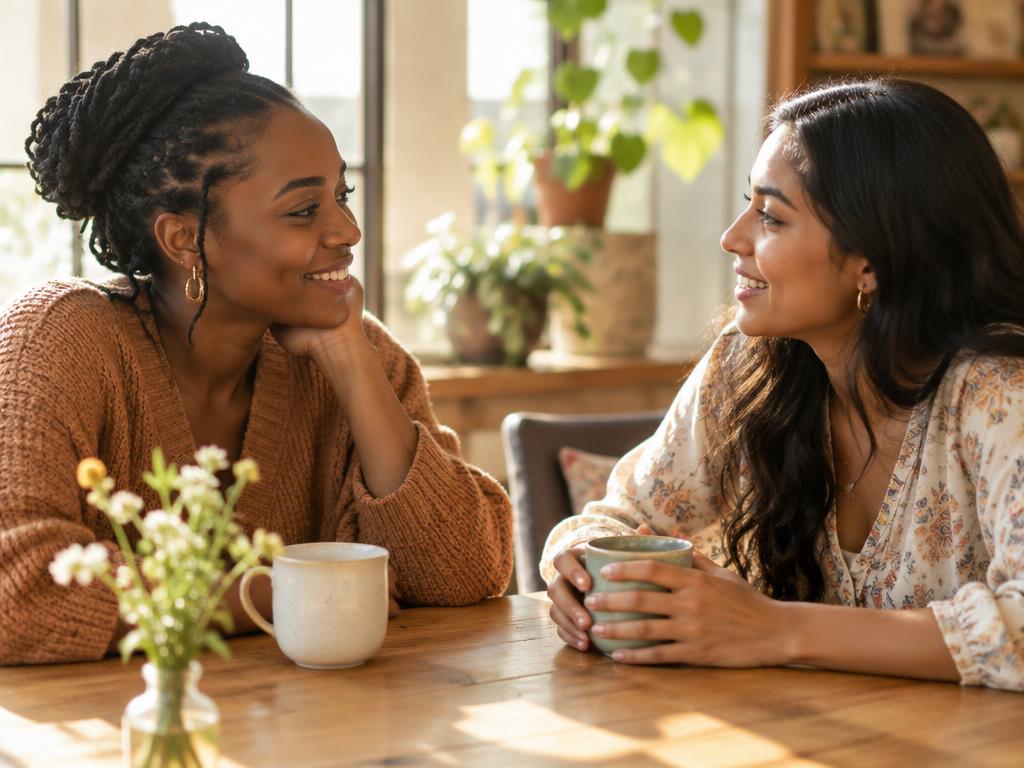 Two young women in warm conversation over coffee