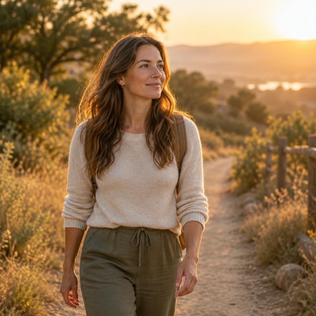 A woman walking a sunlit path at golden hour